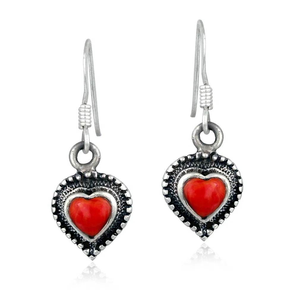 Sterling Silber Rot Coral Herz Dangle Ohrringe