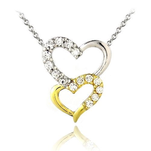 Sterling Silber Zwei Tone CZ Doppel-Herz - Halskette