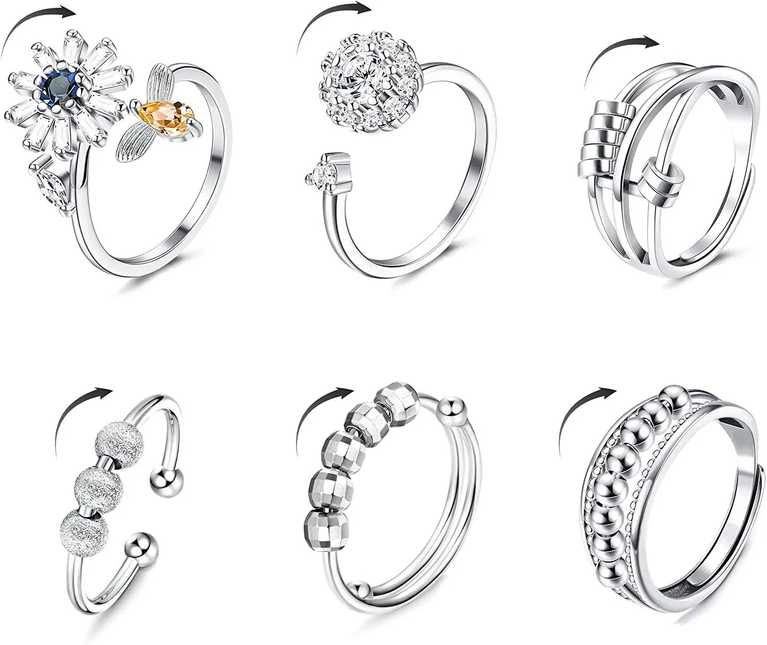 6 Stück Fidget Angst Ringe für Frauen Einstellbare offene Ring Set Spinner Fidget Ringe für Angst Blume Biene Kubik Zirkonia Perle Stress Sorgen Ringe
