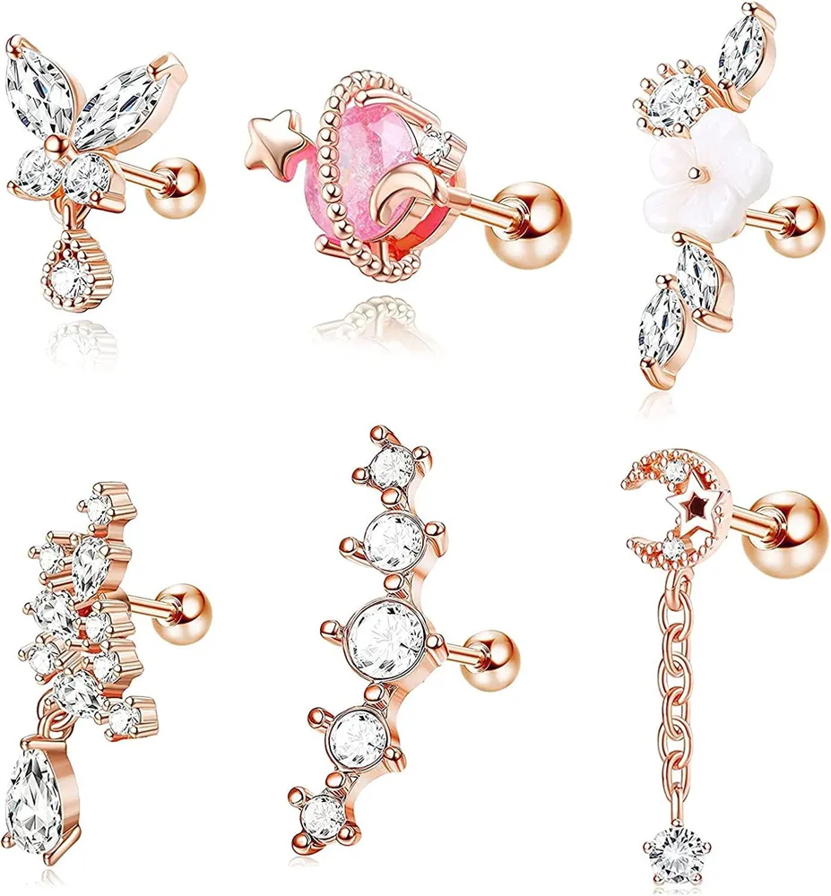 6 Stück 16G Edelstahl Conch Stud Ohrringe Knorpel Tragus Ohrringe für Frauen Mädchen Blumen CZ Dangle Schmetterling Mond Stern Top Ohr Piercing Schmuck