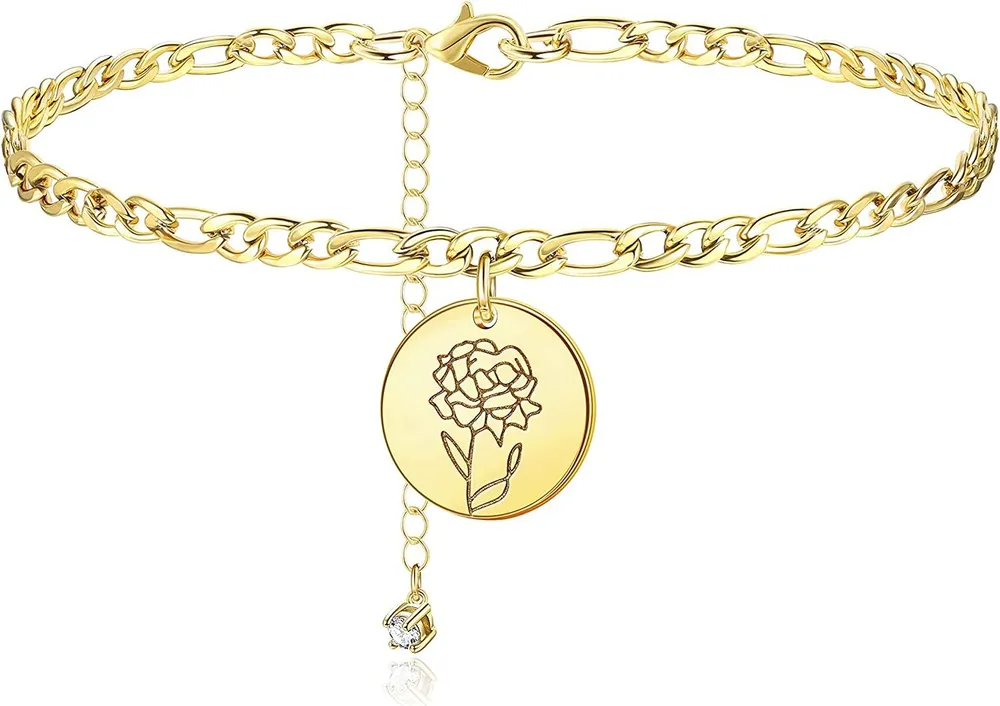 Geburtsmonat Blumen Ankleber Armbänder für Frauen Figaro Kette Knöchel 14K Gold beschichtet Dainty Geburtsmonat Blumen Disc CZ Verstellbares Ankleber Frauen Sommer Strand Fuß Muttertag mit Geschenk