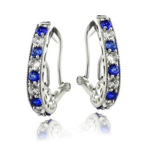 Sterling Silber 2,5 ct geschaffen Blau & Weiß Saphir Oval Clutchless Ohrringe