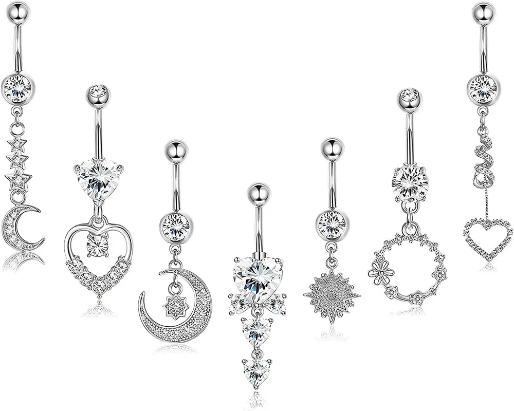 7PCS 14G Dangle Belly Button Ringe für Frauen 316L Edelstahl CZ Nabel Barbell Ringe Herz Stern Mond gebogen Barbell Körper Piercing