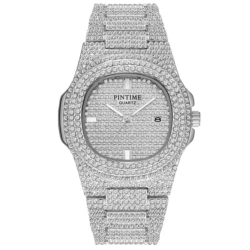 Luxus Mens / Frauen Unisex Crystal Watch Bling Iced-Out Watch Oblong Silber / Gold Armbanduhr Mode Rheinsteine Quarz Analoge Uhr mit Edelstahl Armband
