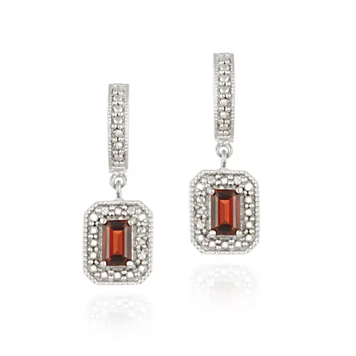 Sterling Silber Garnet & Diamond Akzent Rechteckige Dangle Ohrringe