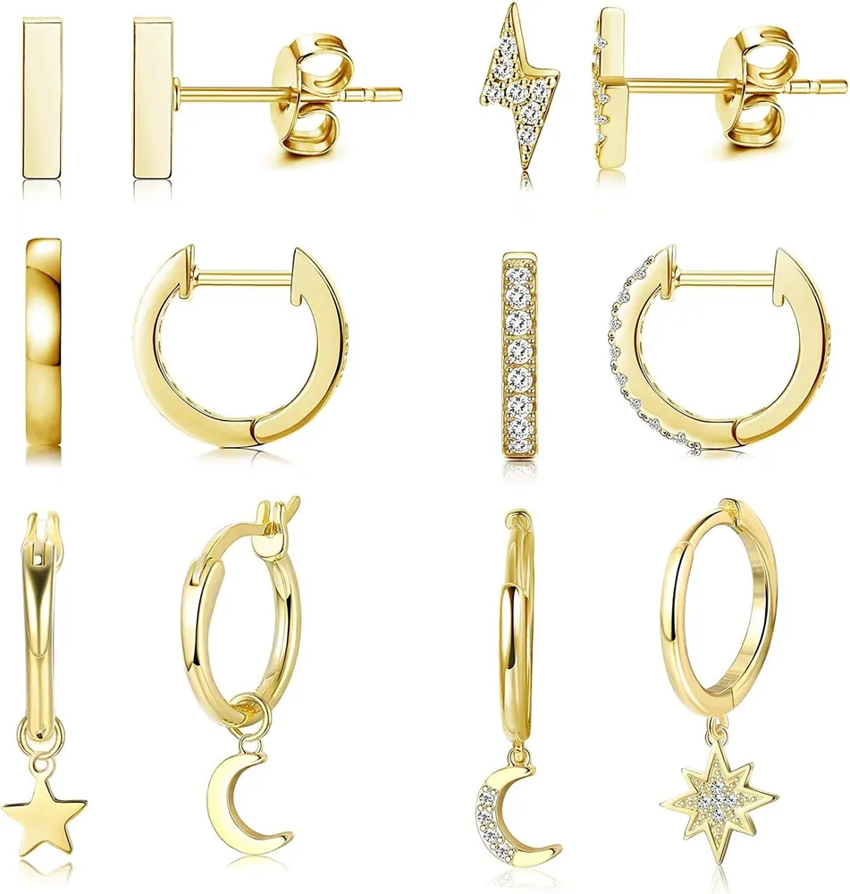 6 Paare Moon Star Dangle Hoop Ohrringe für Frauen Mädchen Mini Bar Stud Ohrringe Set Small Huggie Hoop Ohrringe Lightning Bolt Cubic Zirkonia Ohrringe - Ton Gold-Ton