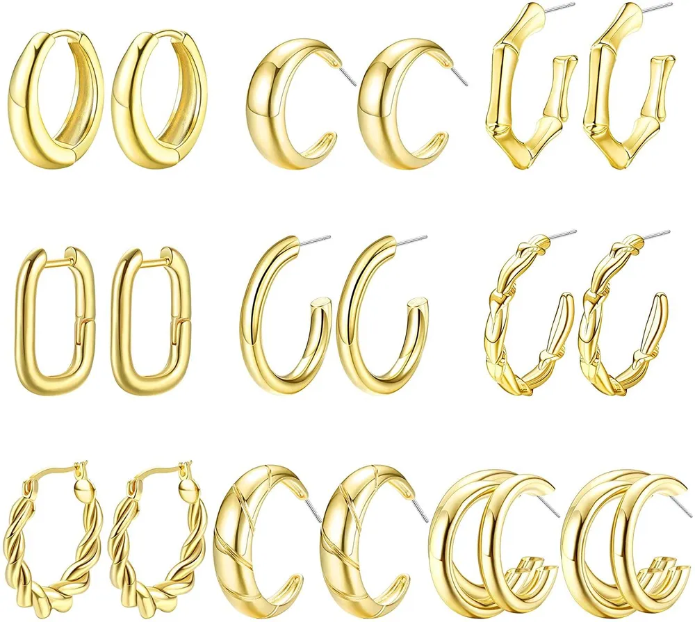 9 Paare Chunky Gold Hoop Ohrringe Set für Frauen Hypoallergen Dicke Offene Twisted Huggie Hoop Ohrringe Schmuck