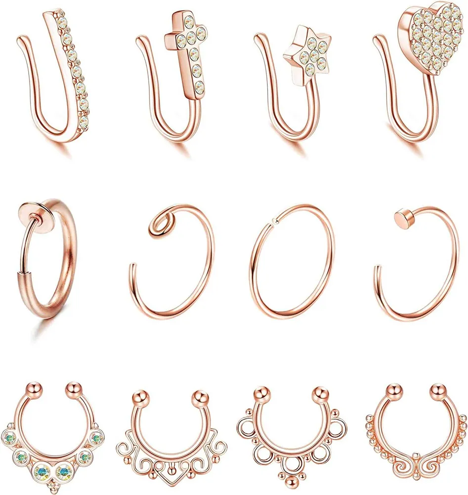 12 Stück Falsche Nasenringe für Frauen Männer Edelstahl Falsche Septum Piercings Clip On Nose Ring Hoop Rose Gold Nasenringe Faux Nose Ring Piercing Jewelry 16G / 18G / 20G