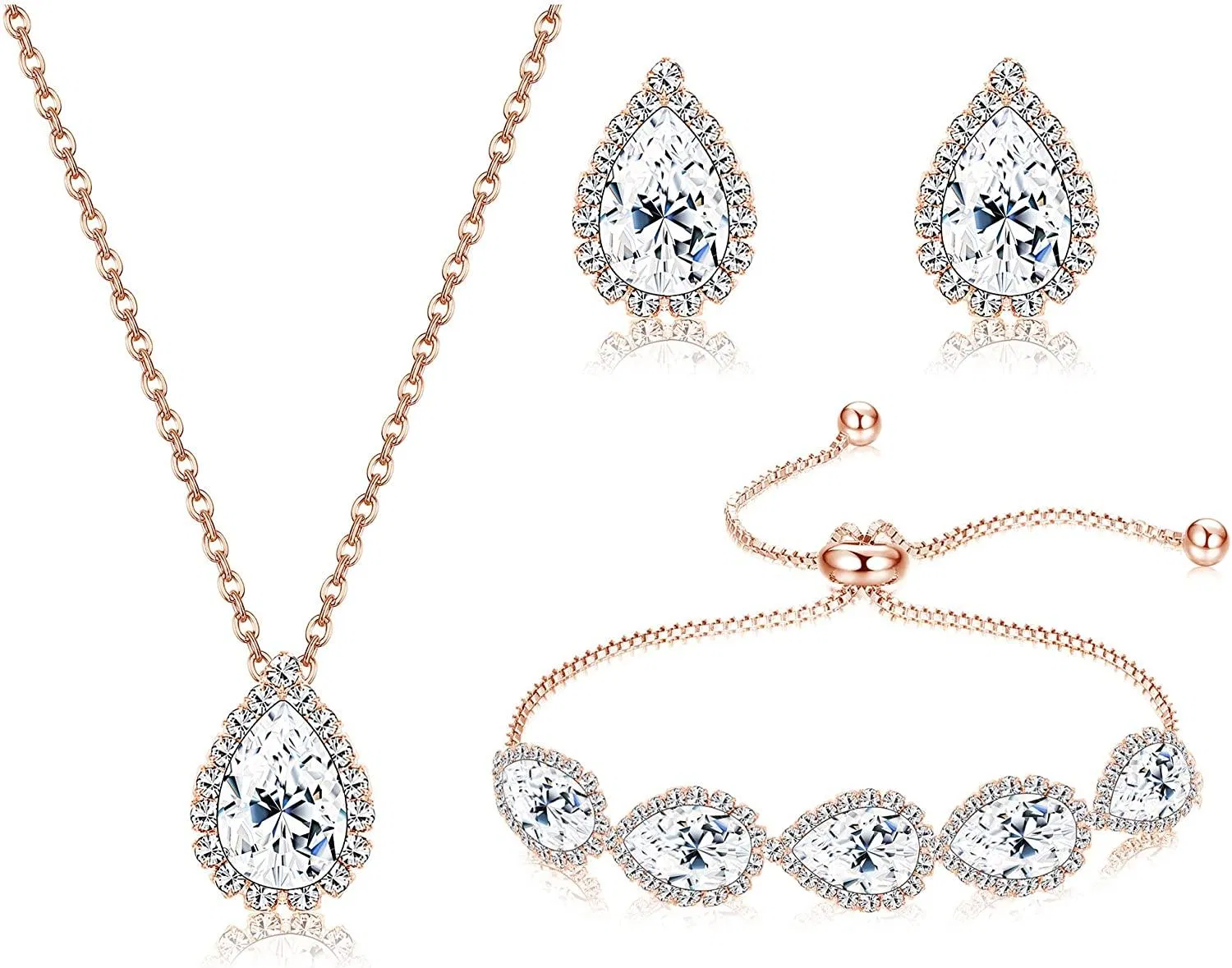 Hochzeitsschmuck für Braut CZ Teardrop Brautjungfer Ohrringe Armbänder Anhänger Rhinestone Halskette Kostüm Schmuck Hochzeitsketten Sets für Frauen Brautjungfer Brautjungfer