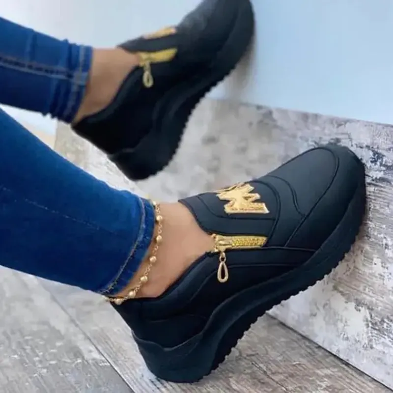 Frauen Sportschuhe Dicke Bottom Solid Color Ladies Vulkanisierte Sneakers Casual Wedge Walking Schuhe Rutschen auf Zipper Damen Schuhe