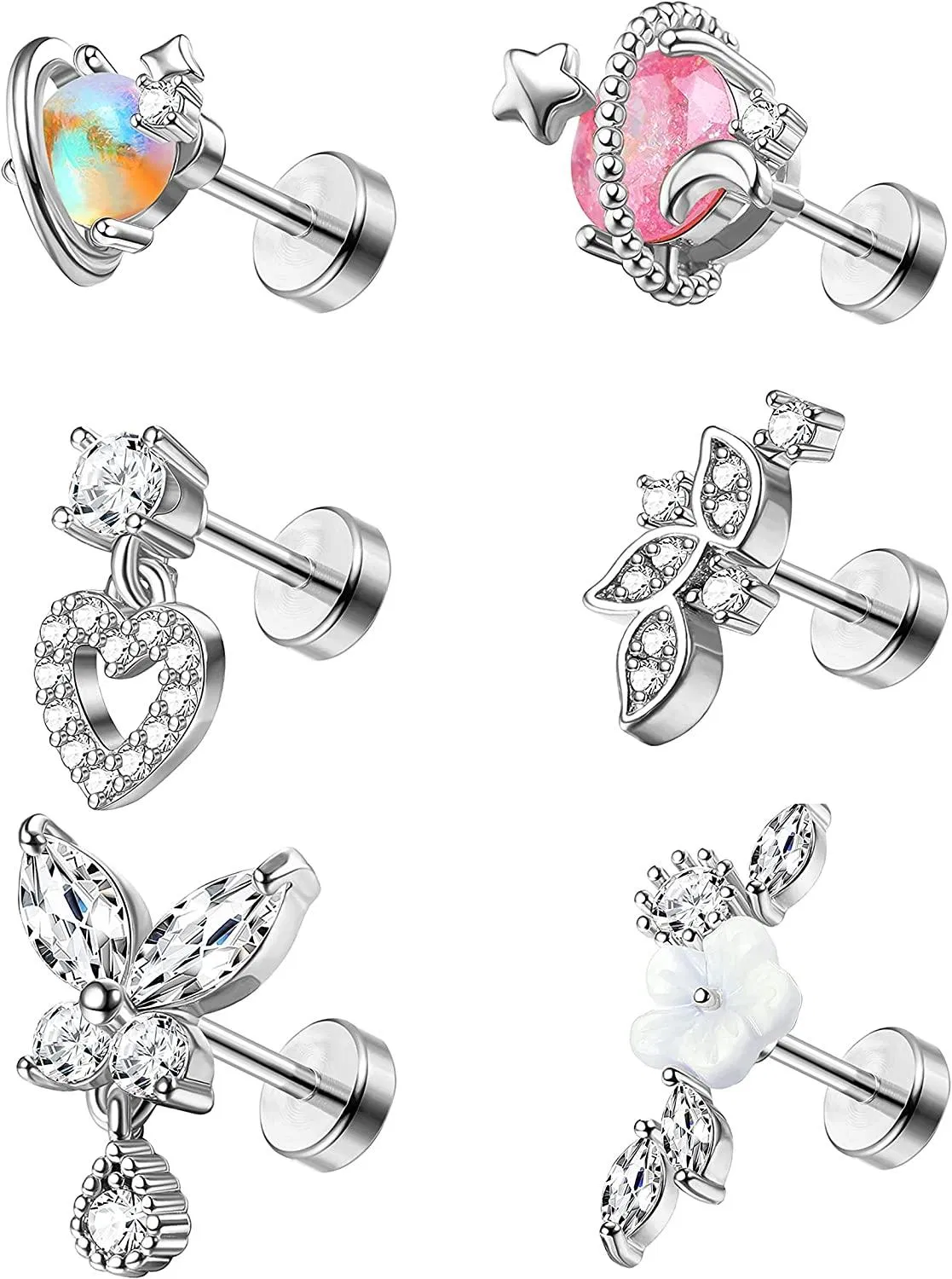 Edelstahl Front Spiral Pierced Stars Mond Schmetterling Spiral Ohrringe Helix Knorpel Stud Pierced Jewelry