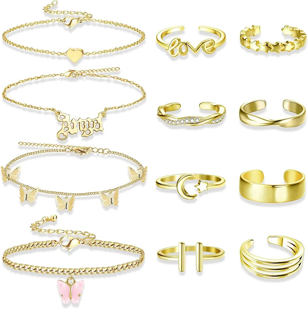 14K Gold Plated Ankleber Zehen Ringe Set für Frauen Schmetterling Ankleber Armbänder Boho Schichtketten Ankleber Offene verstellbare Zehen Ringe Strand Fuß Schmuck