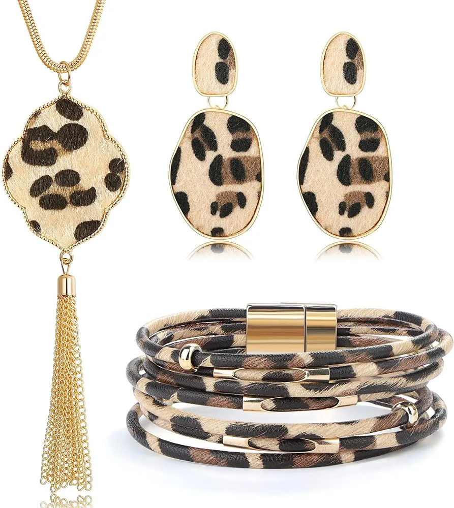 3Pcs Leopard Set für Frauen lange Kette Halskette Leder Mehrschicht Manschetten Armbänder Drop Dangle Ohrringe Mode Statement Schmuck