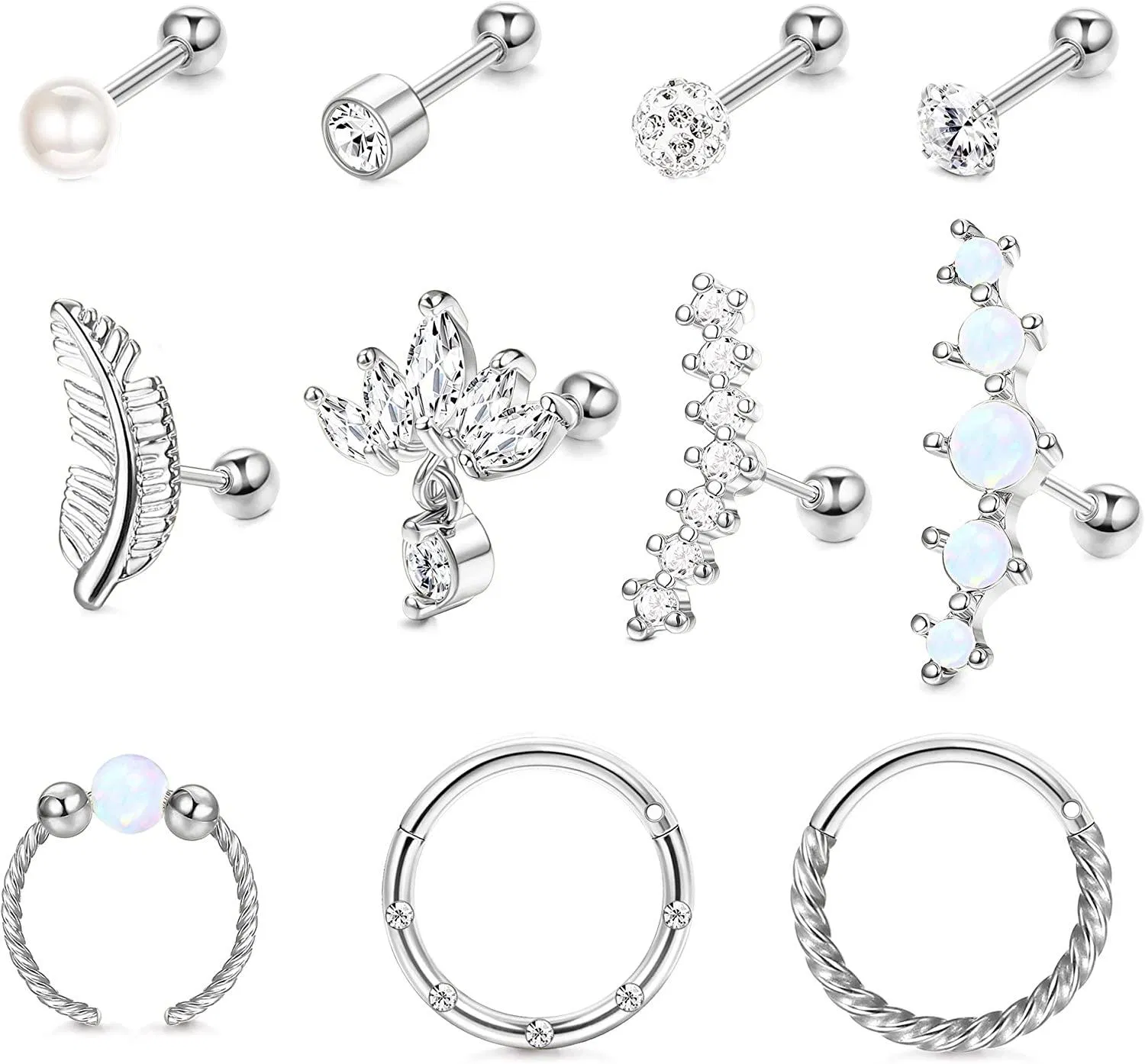 11 Stück Knorpel Ohrringe für Frauen Männer Kubik Zirkonia Pearl Cartildge Ohrringe Stud Helix Hoop Ohrringe Tragus Daith Conch Piercing Stainlessss Cartildge Stud Ohrring Set