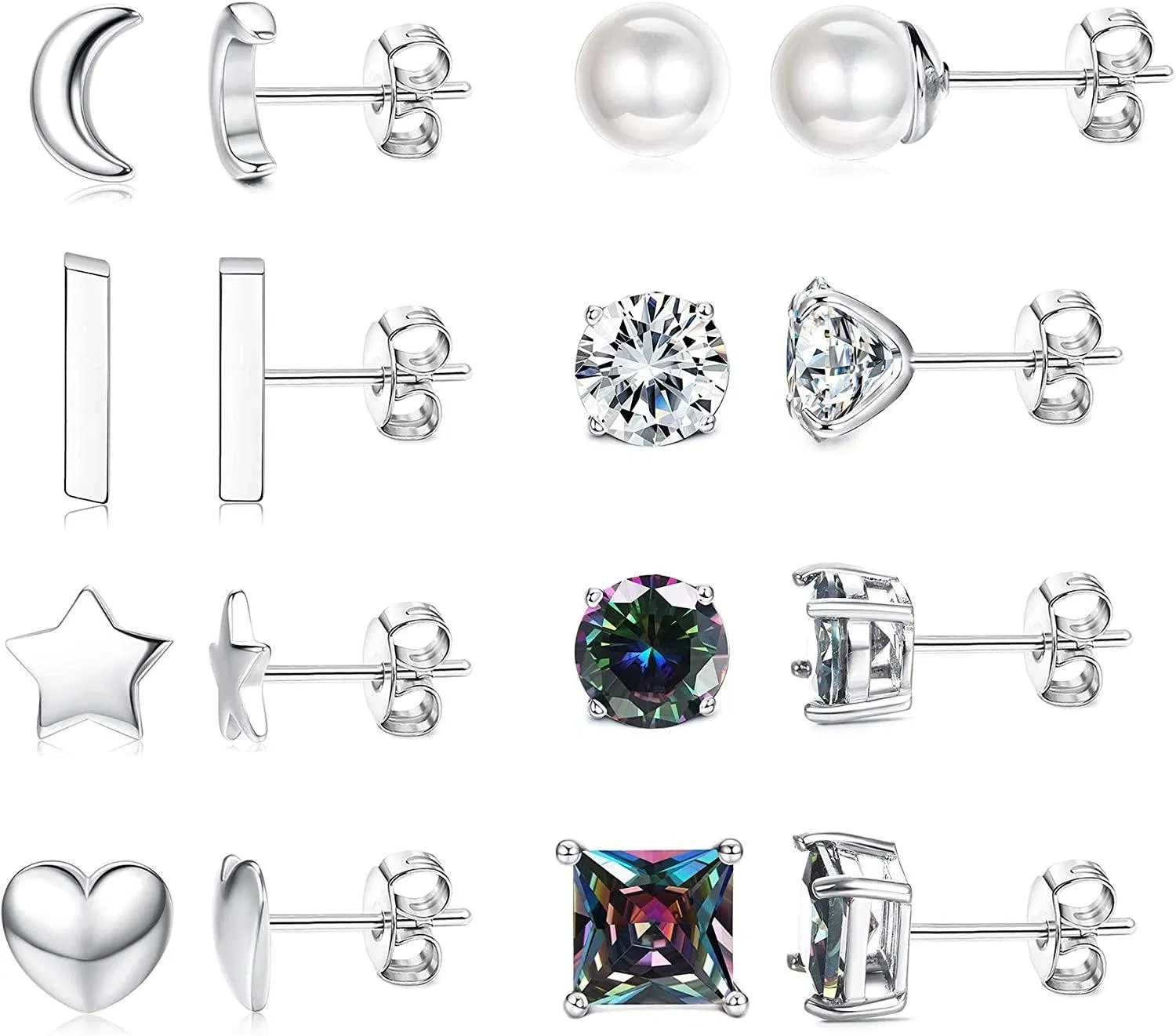 8 Paare Edelstahl-Staple - Ohrringe für Frauen Mädchen kleine Stump-Ohrringe Set mehrere winzige Kugel-Stern - Stump-Ohrringe Kubische Zirkonia hypoallergene Perlen-Ohrringe für Männer Frauen