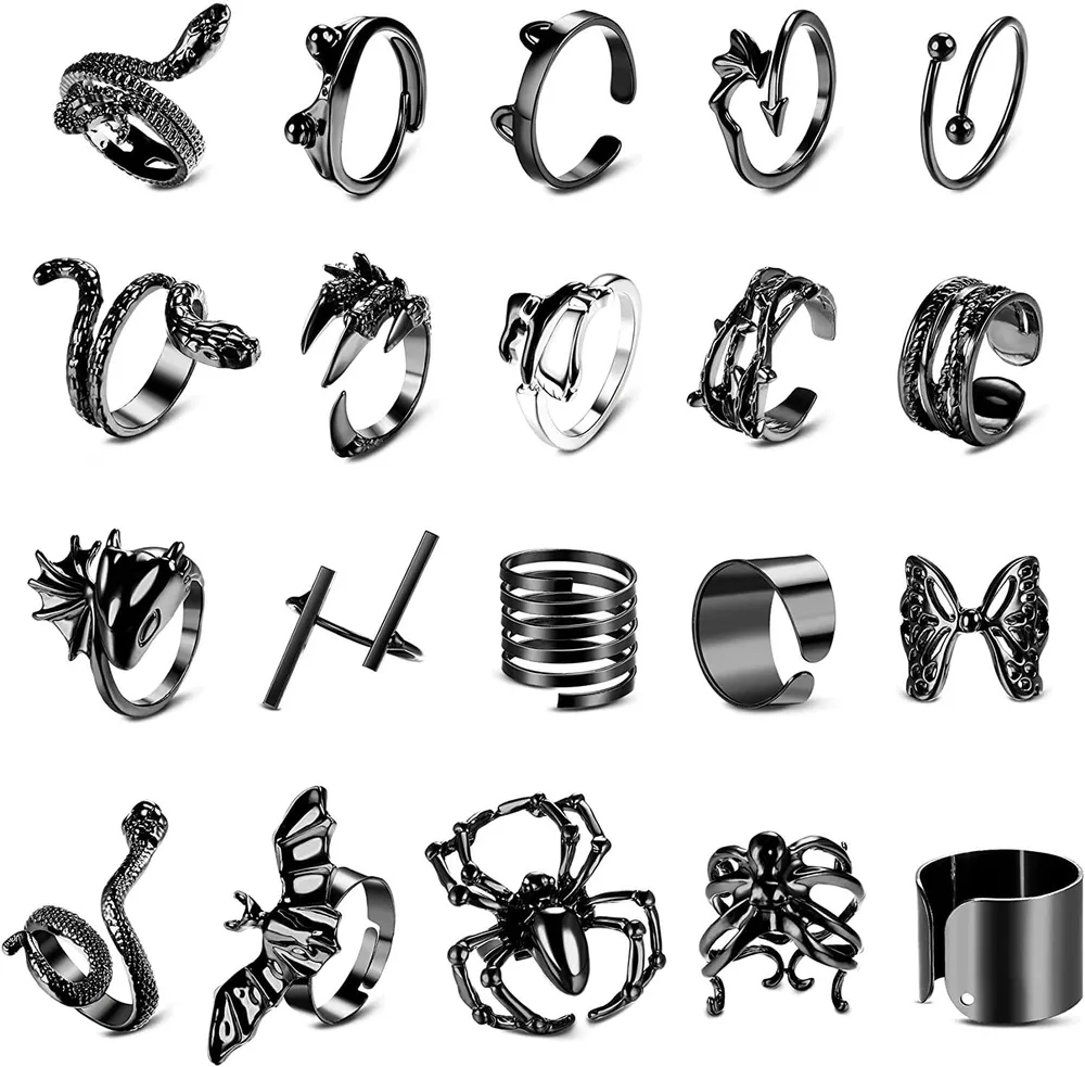 20 Pcs Y2K Offene Vintage Punk Ringe für Frauen Mädchen Mens Katze Schlange Fledermaus Teufel Wing Hund Spinne einstellbar Retro Cool Ring Klaue Skul