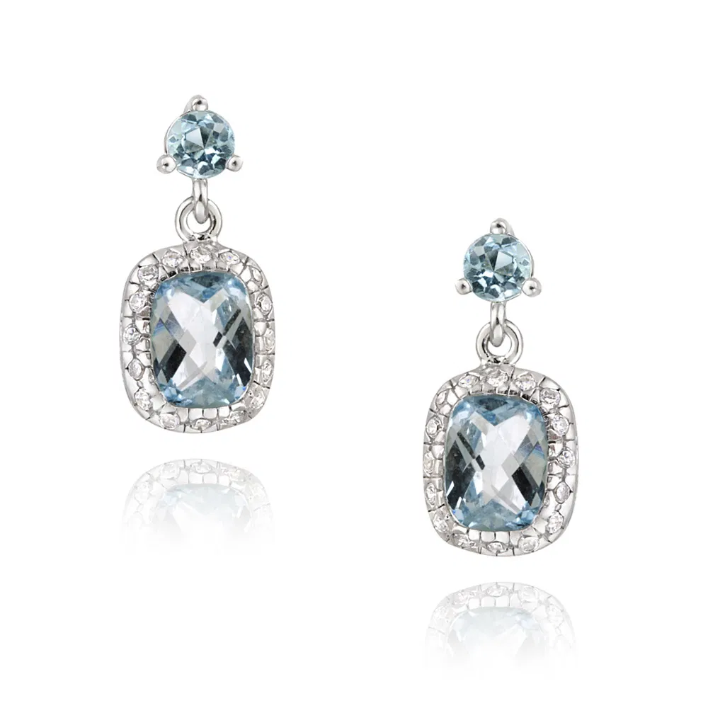 Sterling Silber Blau Topaz & CZ Rechteckel Dangle Ohrringe