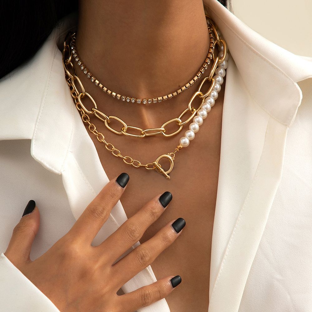 3pcs Vintage Bold Chain Faux Diamond Pearl Set Halsketten für Womene Retro Original Design