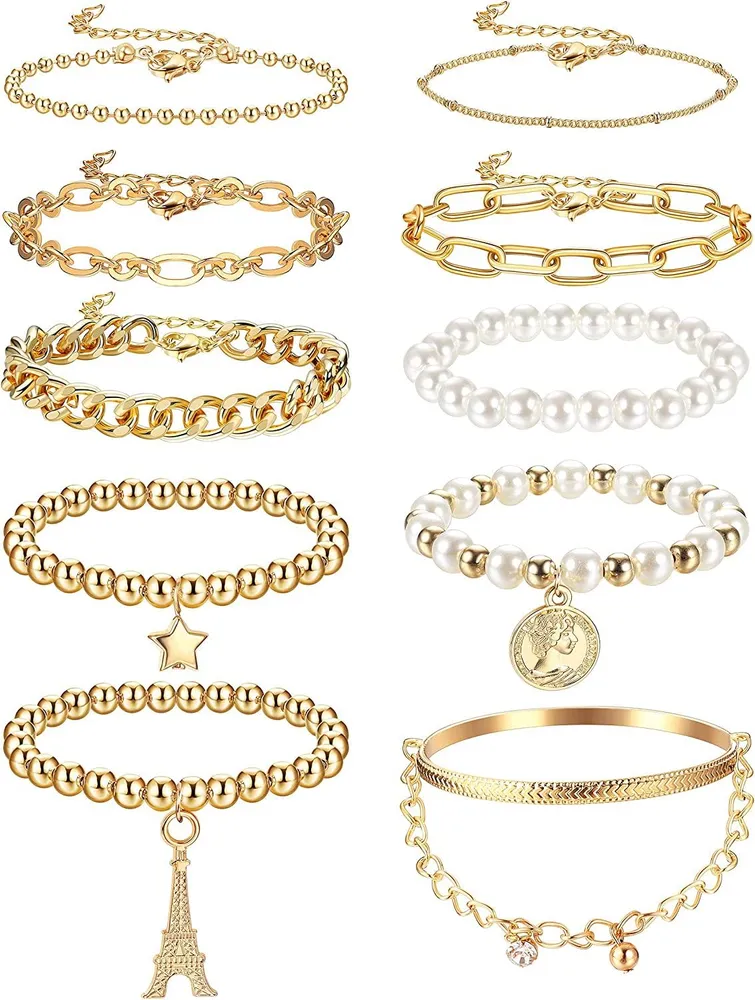 10pcs Kette Armbänder Set für Frauen Manschetten Armbänder einstellbar Dainty Paperclip Link Perlen Kuban Chunky Armbänder