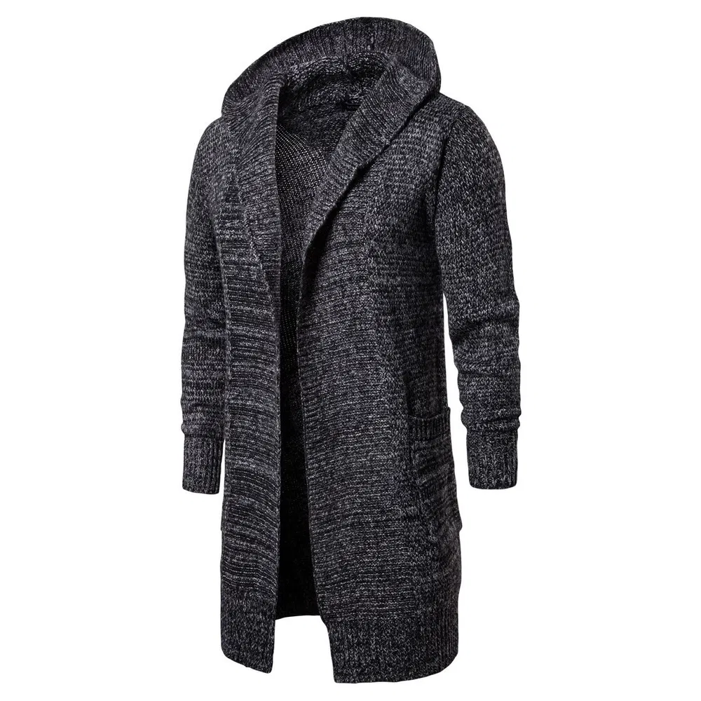 Männer gestrickten Cardigan Pullover mit Hoodie Slim Fit Mid Long