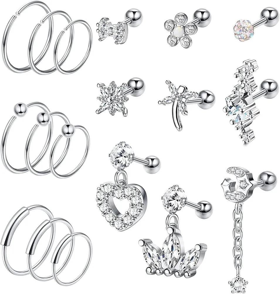 Knorpel-Stapel - Ohrringe CZ für Frauen Vorwärts Helix-Ohrringe Hoop Rook Daith Conch Tragus-Ohrringe Star Moon Butterfly Edelstahl Piercing-Schmuck 18pcs