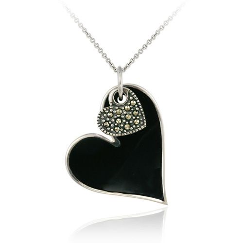 Sterling Silber Onyx & Marcasite Doppel-Herz - Anhänger