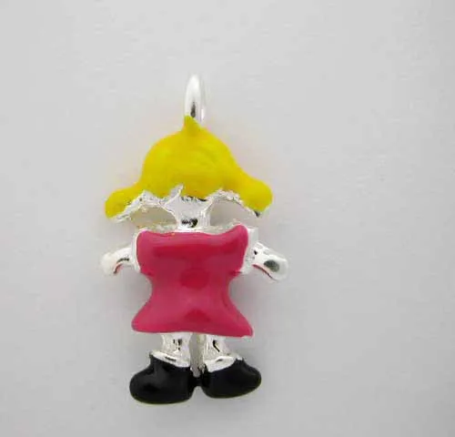 Silver Enamel Pink School Girl Doll * Charm