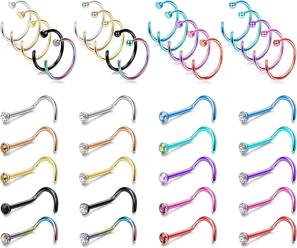 40pcs Nasenringe Stud Edelstahl Nasenringe Hoop Schraube geformte Nasen Piercing für Frauen Männer 18G 20G