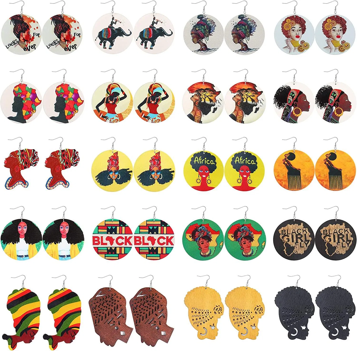 20 Paare Afrikanische Ohrringe Holz Ethnische afrikanische Karte Queen Style Statement Dangle Ohrringe Set für Frau