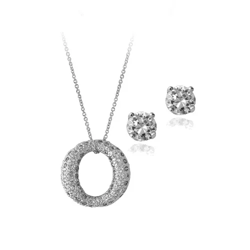 Sterling Silber CZ Open Circle Pendant & Stud Ohrringe Set