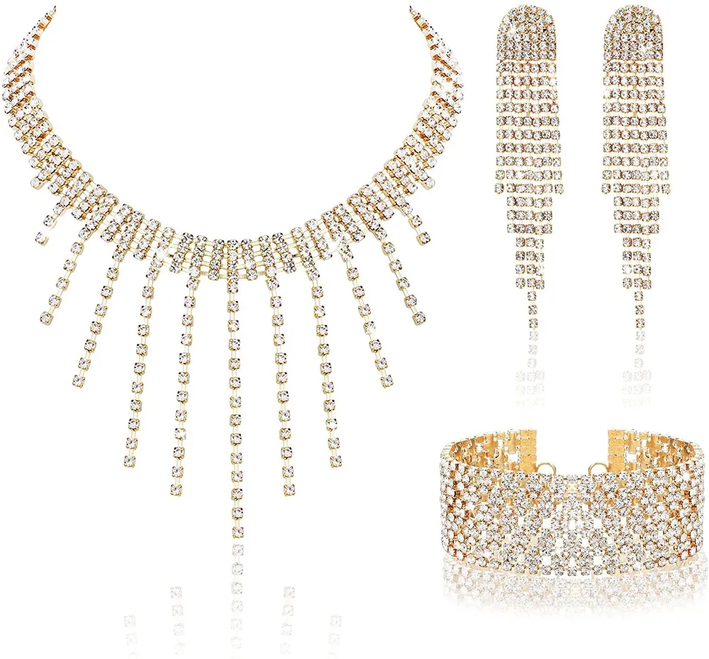 Kristall-Set Rhinestone Choker Kette Stretch Armband Rhinestone Tassel Dangle Ohrringe Party Kostüm für Frauen Braut-Set für Hochzeit Prom