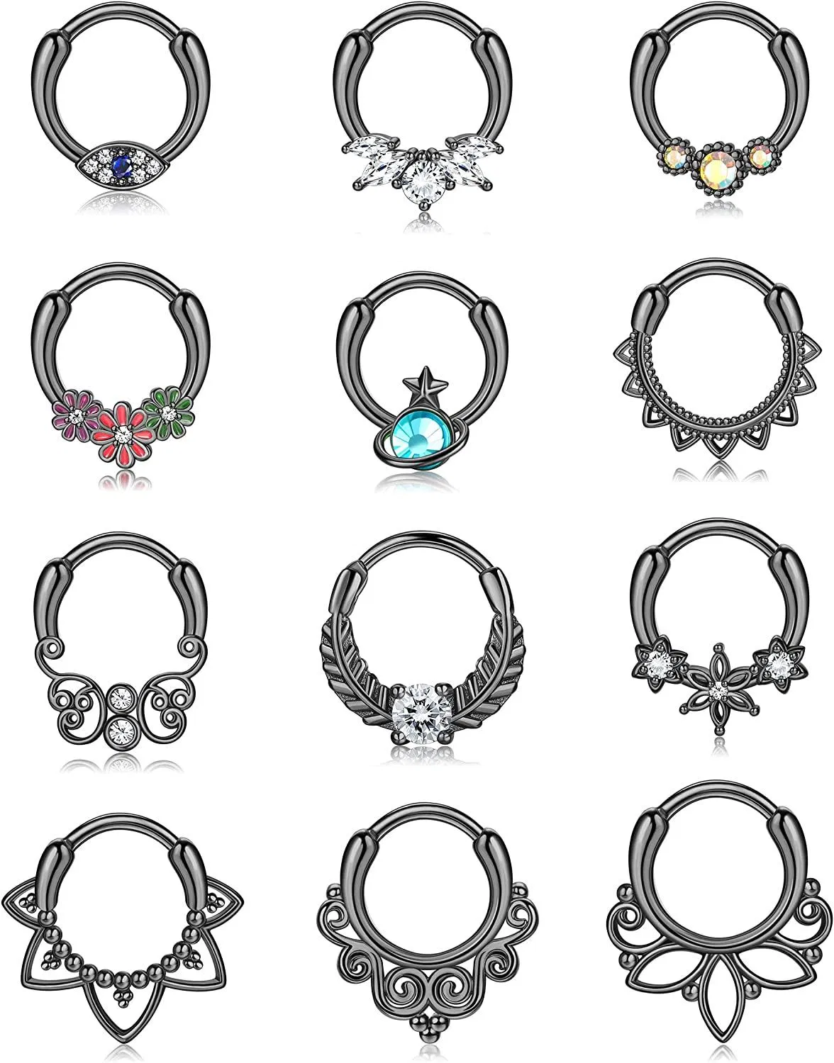 12 Stück 16G Septum Clicker Ringe Edelstahl CZ Knorpel Helix Tragus Hoop Daith Ohrringe Evil Eye Flower Hoop Hingeed Nose Segment Ringe für Frauen Männer Daith Piercing 10MM