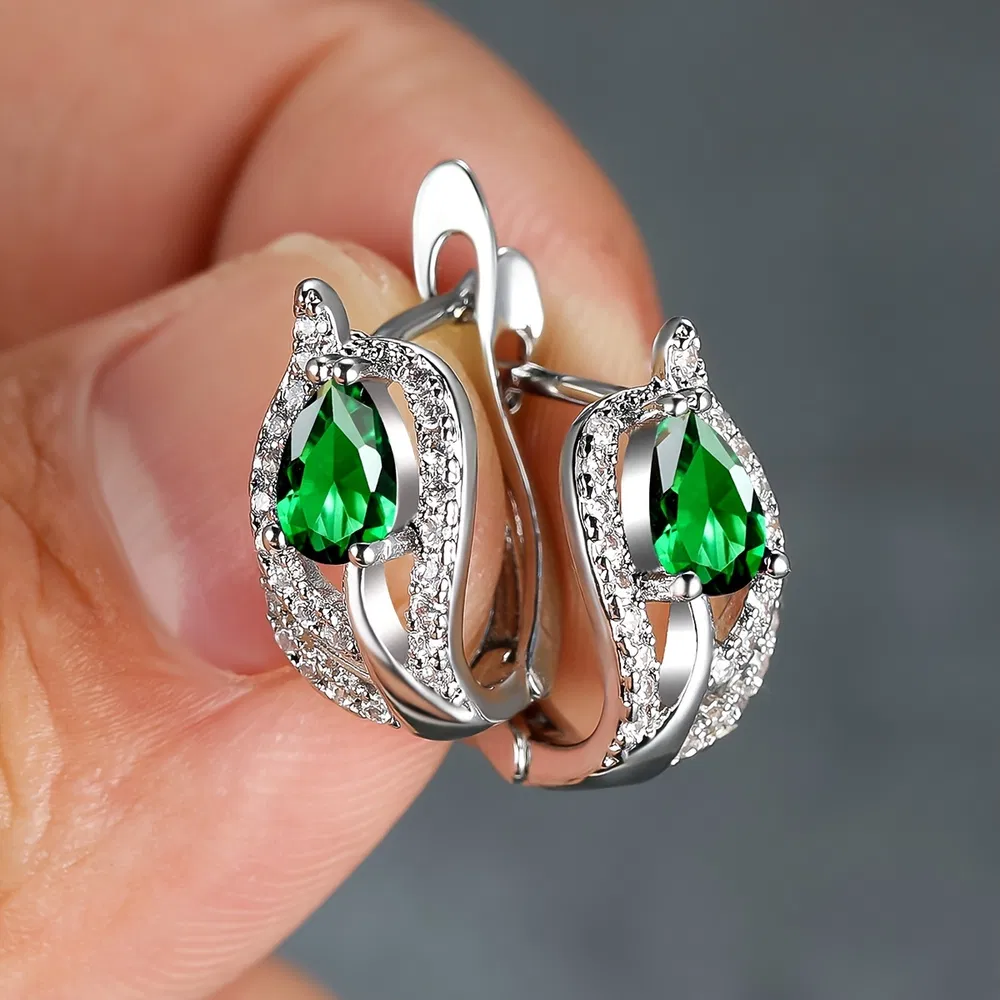 Wassertropfen Stein Hoop Ohrringe für Frauen Luxus-Multikarben Zirkonia Blatt Crystal Silber-Farbe Hochzeit Hoop Ohrringe