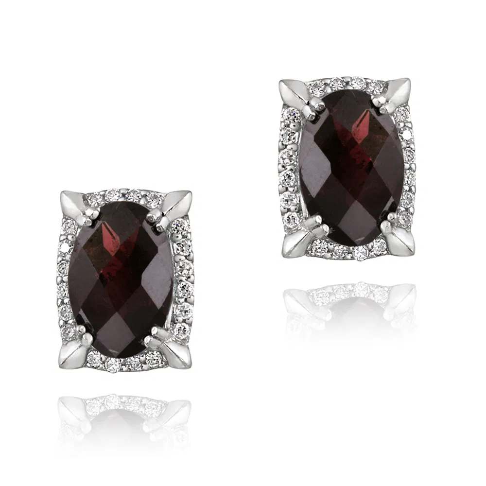 Rhodium Plated 7.5ct Garnet & CZ Oval Ohrringe
