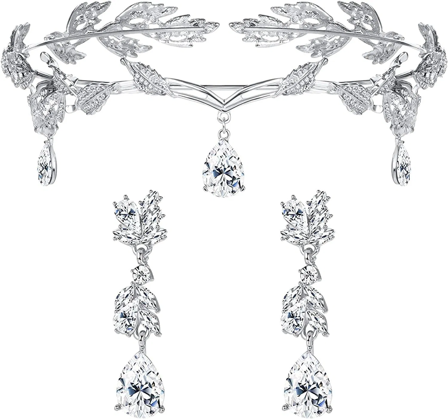 Prinzessin Tiara Ohrring Schmuckset für Frauen Mädchen; Elegant Kubik Zirkonia Rhinstein Laurel Blatt Krone Tränentropfen Dangle Ohrringe Set Braut Hochzeit Prom Geburtstag römische Schmuck Accessoires