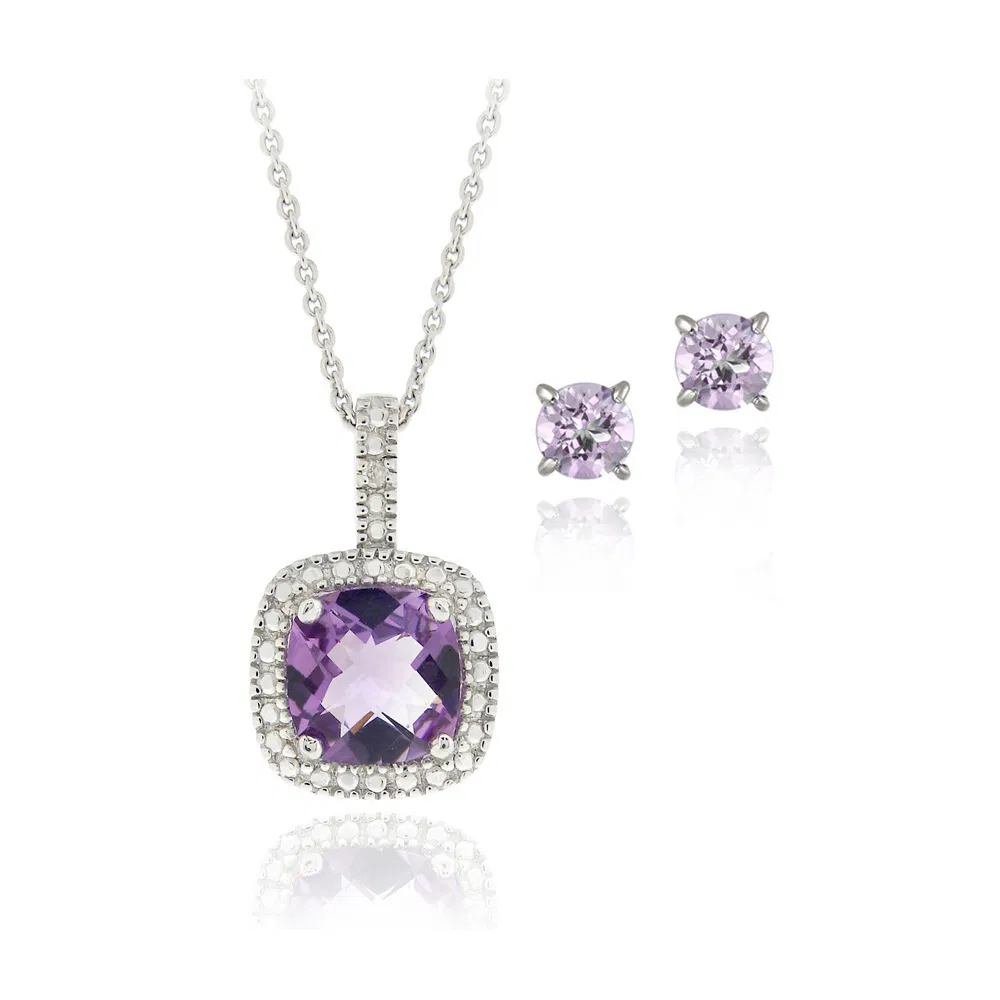 Sterling Silber 2.85ct Amethyst & Diamant Accent Square Kette & Ohrringe Set