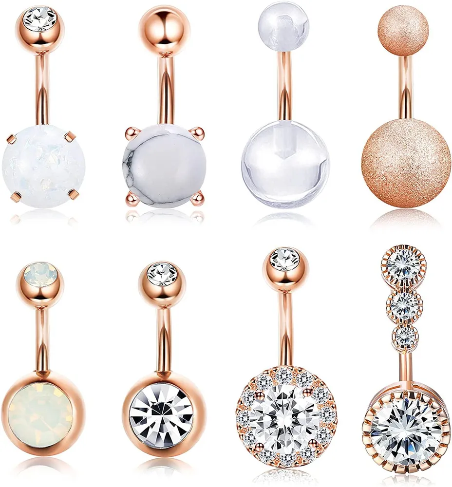8pcs 14G Bauchknopfringe für Frauen Chirurgische CZ Nabelring Barbell Körper Piercing Schmuck
