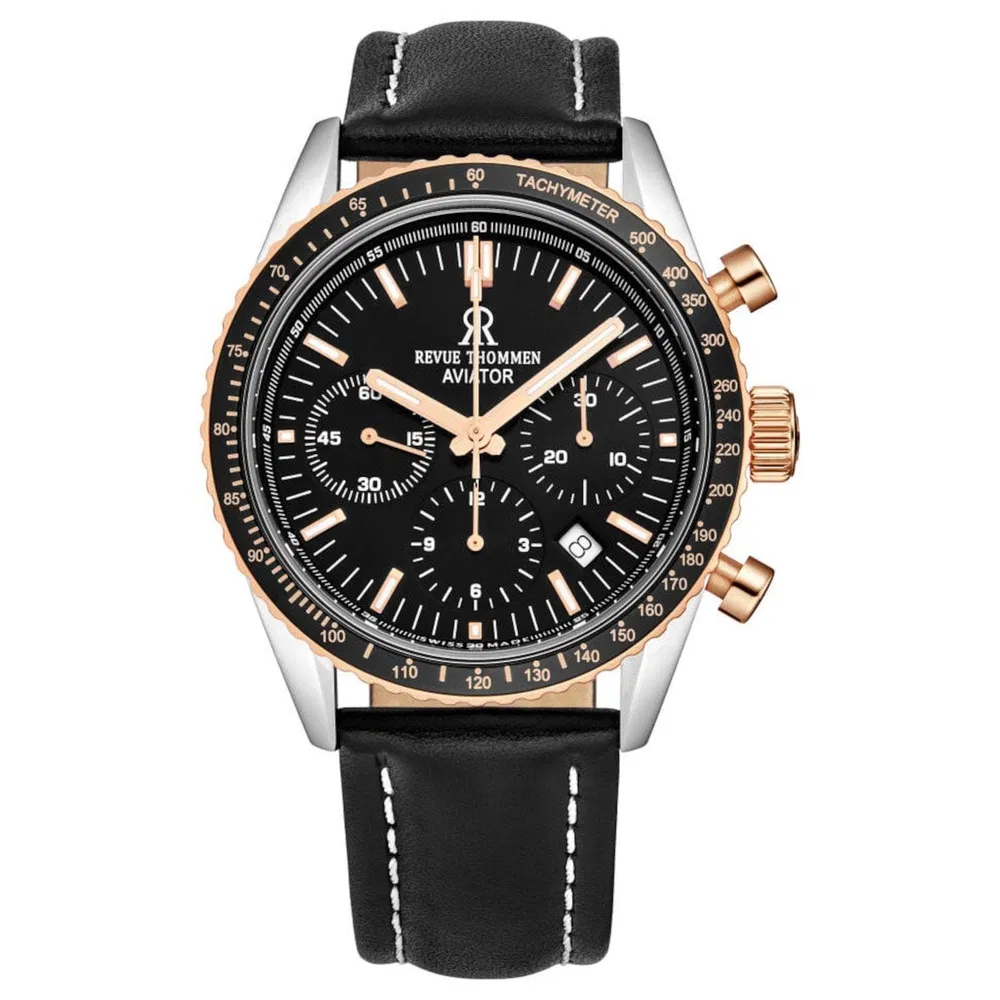 Revue Thommen 17000.6557 Männer 'Aviator' Schwarz Zifferblatt Zwei-Ton Chronograph Automatische Uhr