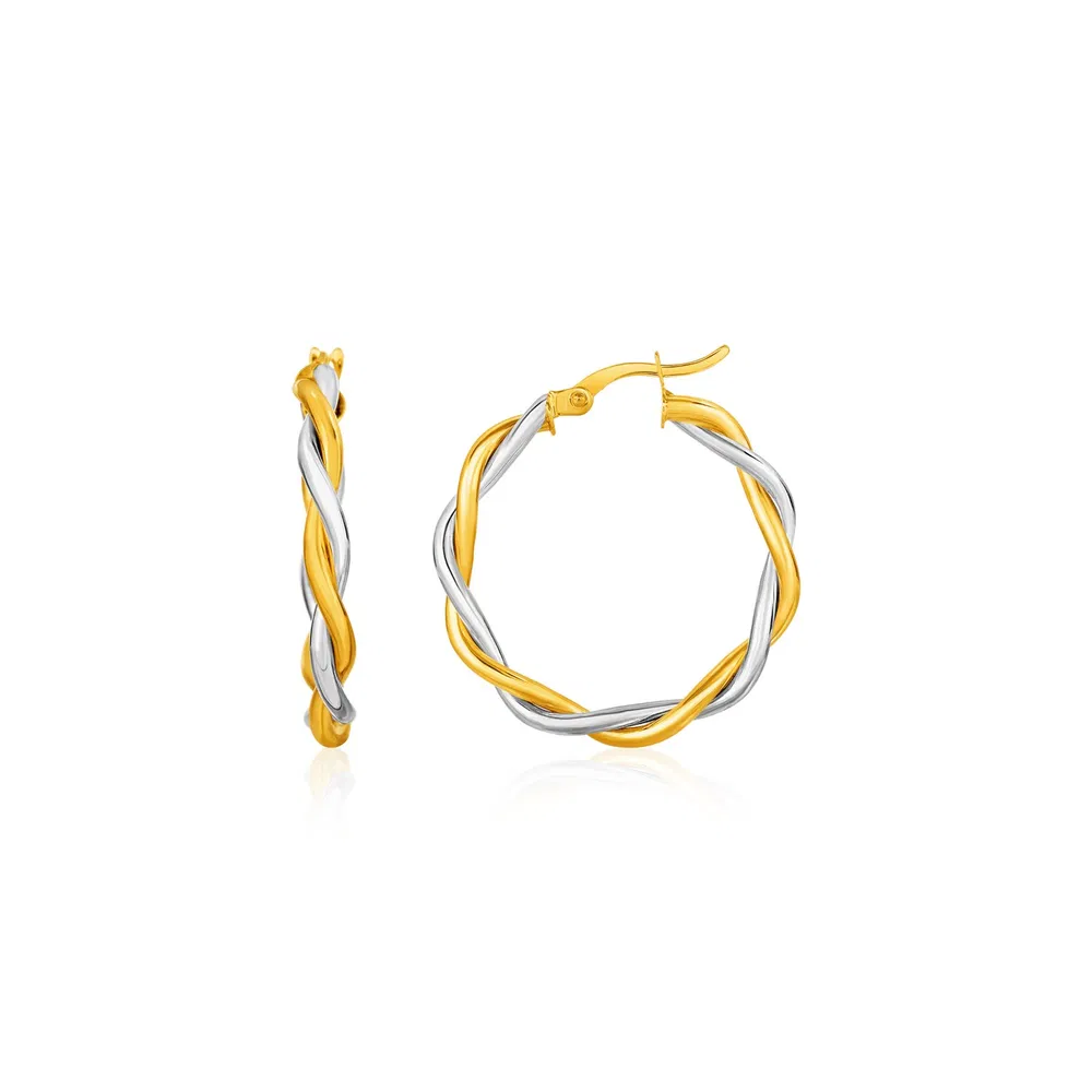 Zwei-Tone Twisted Wire Round Hoop Ohrringe in 10 Karat Gelb und Weißgold (3x15mm)