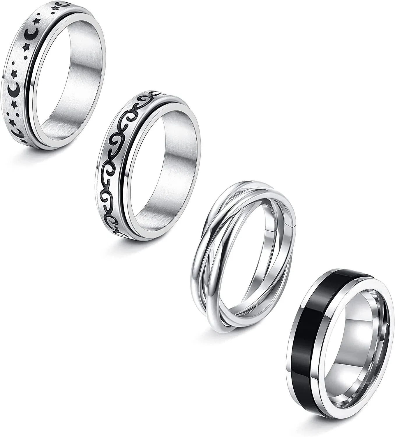 4pcs Fidget Band Ring für Frauen Männer Edelstahl Angst Ring Spinner Verriegelt Mond Stern Ring Stress Linderung Hochzeit Versprechen Spinning Ringe Größe 7