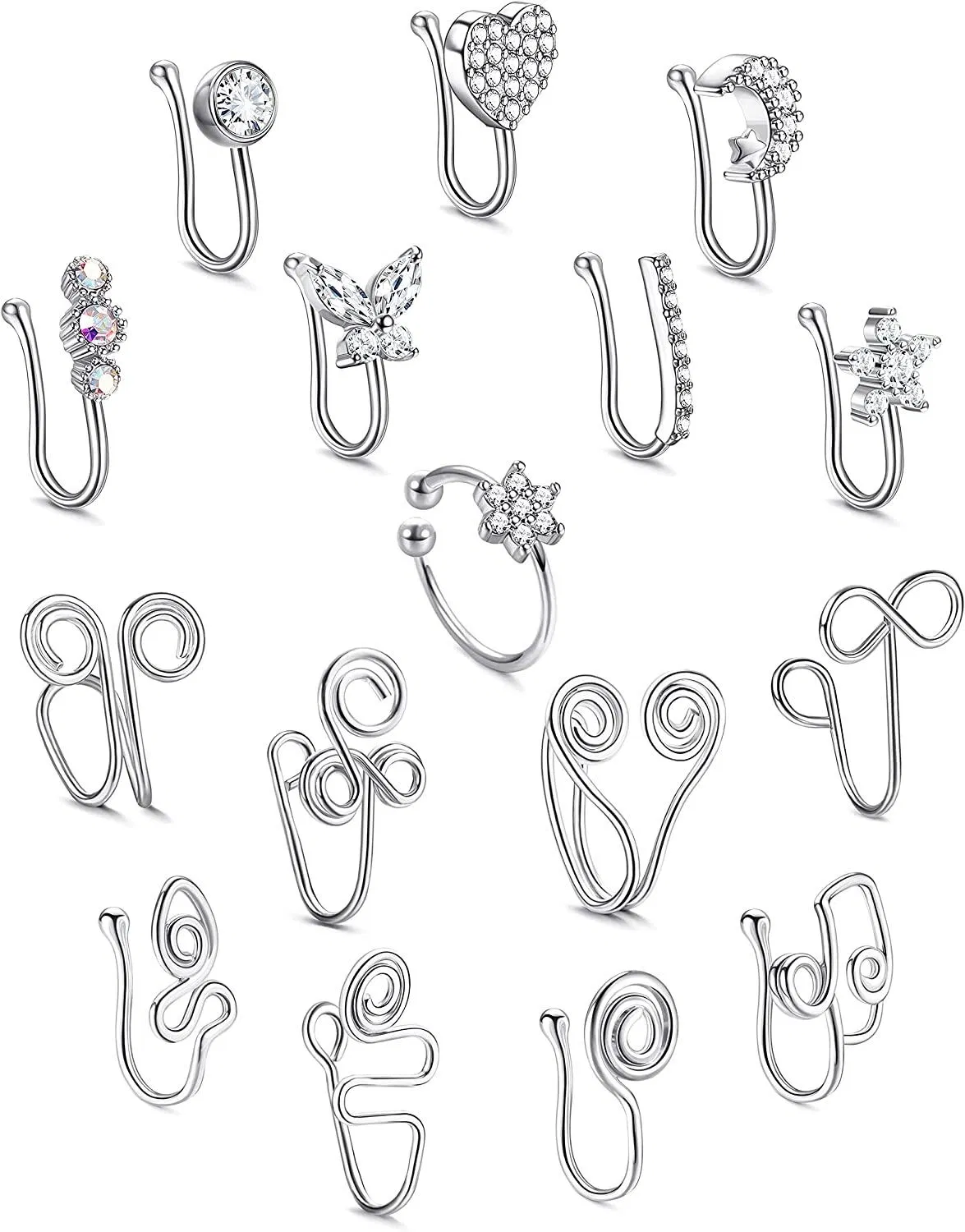 16Pcs Afrikanische Nase Manschette Nicht-Piercing für Frauen Männer Falsche Nase Ringe Piercing Schmetterling Blume Mond Stern Kristall Clip auf Nase Ring Nase für Nicht-Piercing Schmuck