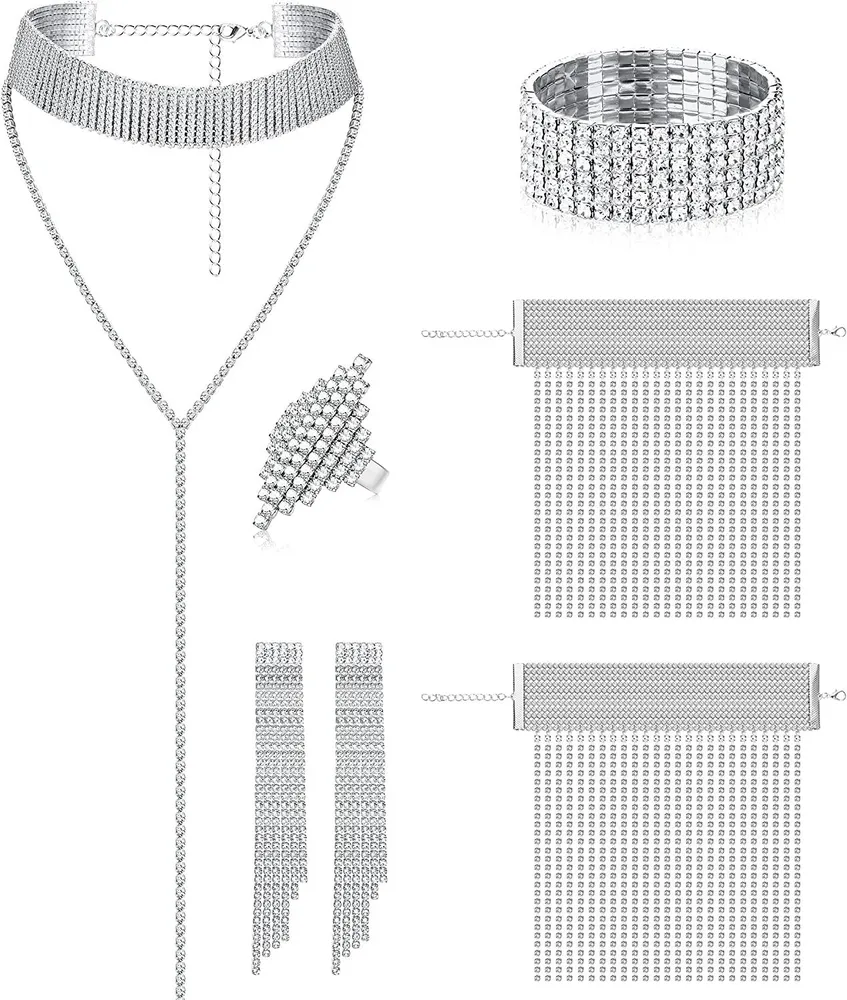 5 Stück Frauen Kristall Schmuck Set Rhinestone Tassel Ohrringe Halskette Knöchel Armbänder Stretch Armband Ring Hochzeit Schmuck Set für Braut