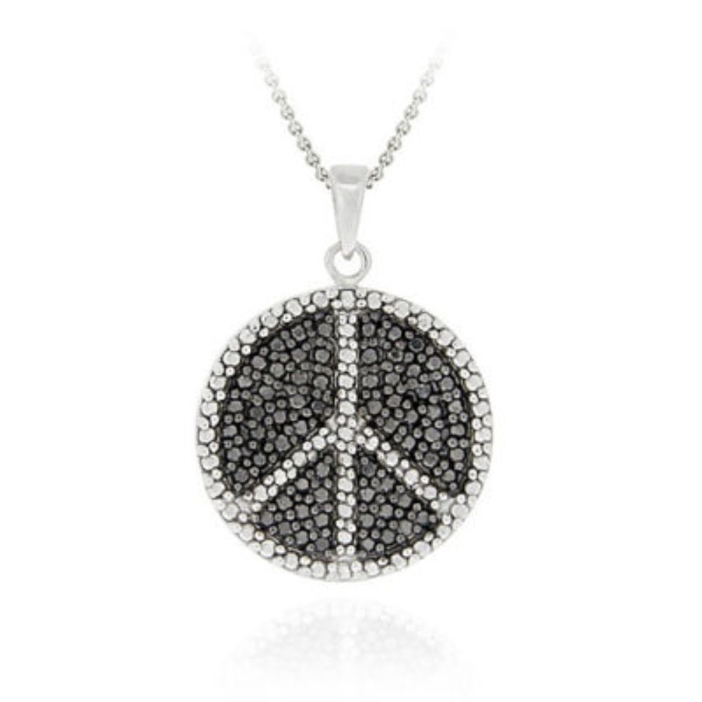 Sterling Silber Schwarz Diamant Akzent Frieden Sign Disc Anhänger