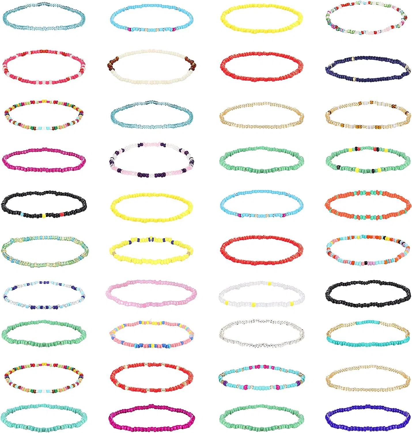 40pcs Handgemachte Perlen-Ankleber für Frauen Boho bunte Perlen Knöchel-Armbänder Elastische Stretch-Ankleber Set für Frauen