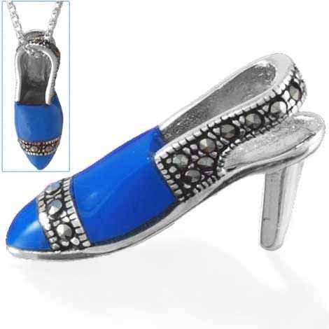 Sterling Silber Marcasite Blau High-Heel - Schuh Charm Anhänger