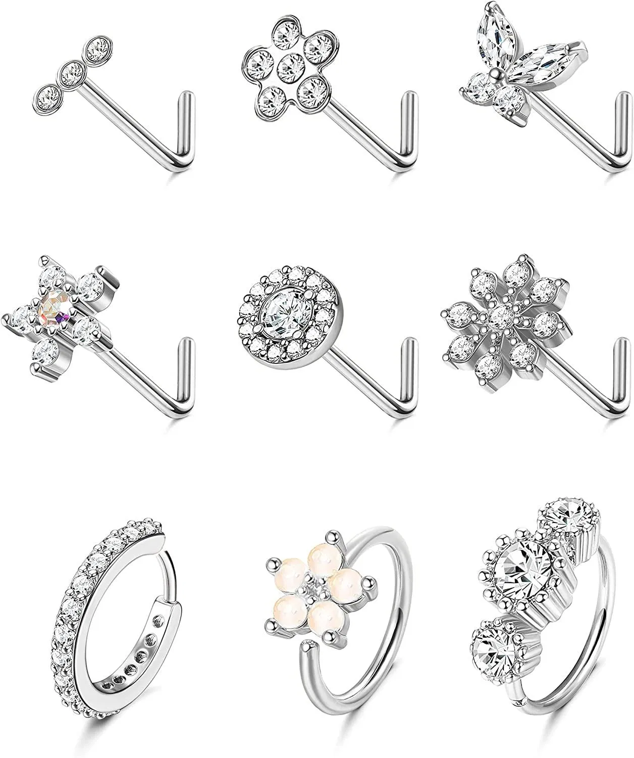 9Pcs 20G Edelstahl L-förmige Nasen-Sticks CZ gesäumt Nasen-Ringe Hoop Triple Linear Juwel Ball Round Flower Butterfly Nasen-Ringe Studs Body Piercing für Frauen Männer