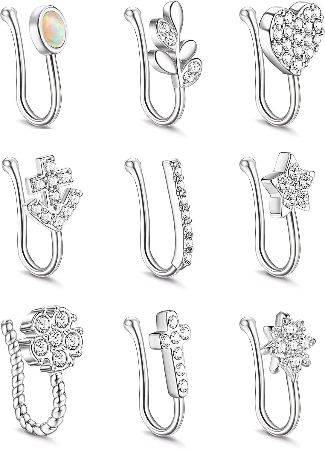 9 Stück Falsche Nase Ringe für Frauen Edelstahl Nasen Manschette Eingezogen CZ Opal Clip Auf Faux Septum Knorpel Tragus Ring Nicht Piercing Schmuck