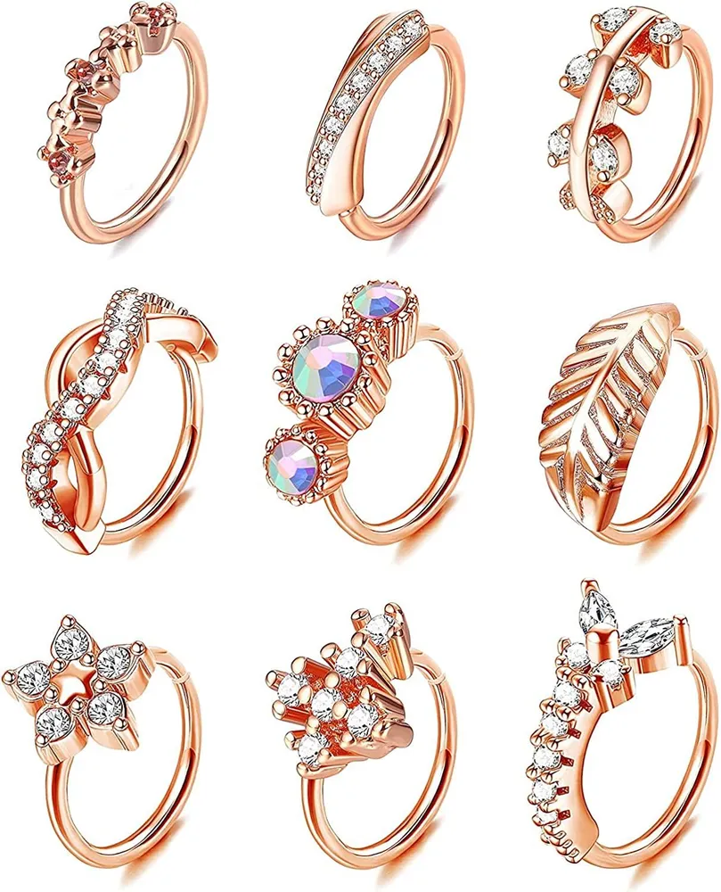 9 PCS 20G Nasenringe Schleife Edelsteinpflastert CZ Helix Knorpel Ohrring Crawler Hoop Ohrringe Blattblumen Lippen Nase Piercing Nasen Hoop Nasenringe für Frauen
