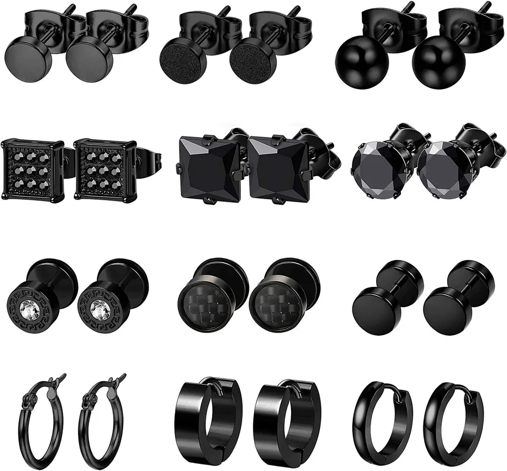 12 Pairs Edelstahl Ohrringe für Männer CZ Stud Ohrringe Tiny Ball Stud Ohrringe Knorpel Ohrringe Endloses Hoop Ohrringe für Männer Jungen