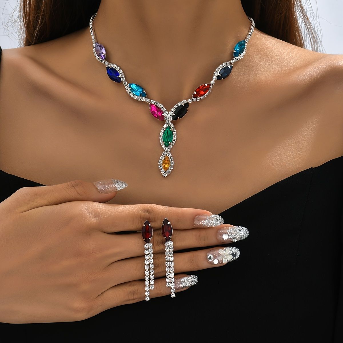Damen farbenfrohe Kristall Halskette Ohrringe 2 Stück Set Schmuck